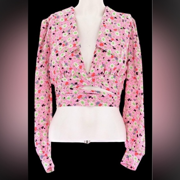 Miu Miu Tops - Miu Miu vintage 70’s Pink and White green Floral silk cropped blouse
